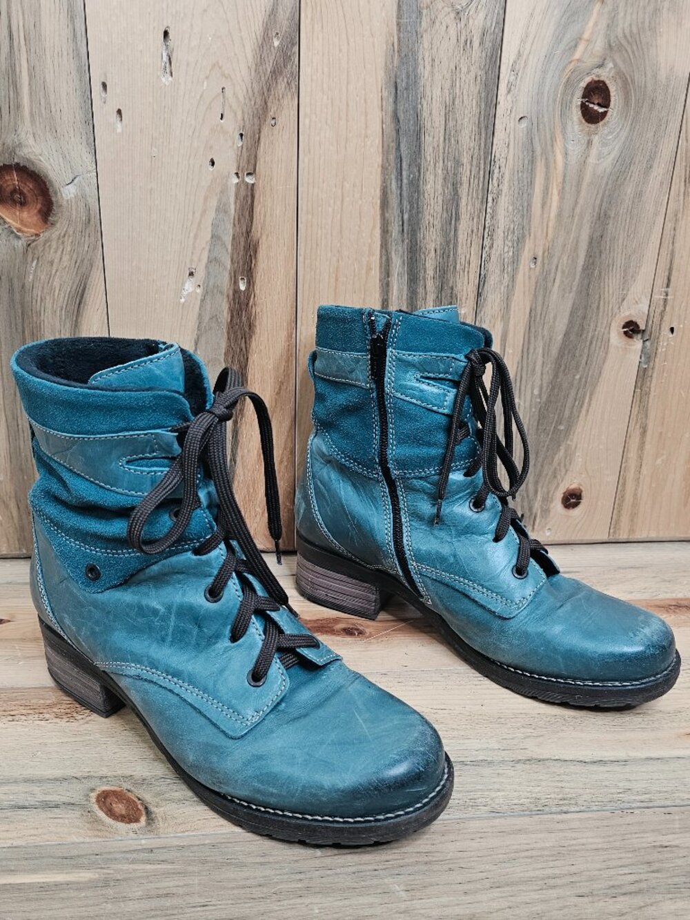 Dromedaris Kara Combat Boot Teal Blue Leather & Suede Size 11.5
